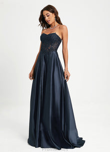 Lace A-Line Satin Sweetheart With Carina Sweep Train Prom Dresses