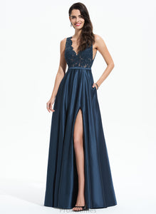 Prom Dresses Dahlia Floor-Length V-neck Sequins Lace A-Line With Satin