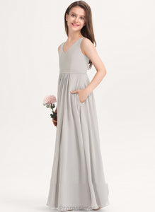 Ashlynn Pockets With Chiffon V-neck Junior Bridesmaid Dresses Floor-Length A-Line