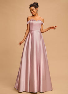 Off-the-Shoulder Floor-Length Satin A-Line Prom Dresses Alejandra