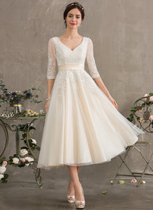 Ball-Gown/Princess Tulle V-neck Ida Wedding Tea-Length Dress Wedding Dresses