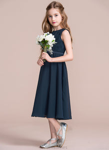 A-Line Tea-Length Scoop Ruffle Neck Chiffon With Michelle Junior Bridesmaid Dresses