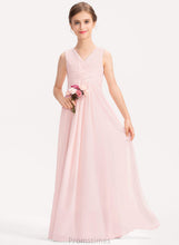 Load image into Gallery viewer, With A-Line Ruffle Junior Bridesmaid Dresses Floor-Length Sahna V-neck Chiffon