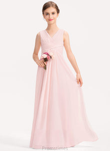 With A-Line Ruffle Junior Bridesmaid Dresses Floor-Length Sahna V-neck Chiffon