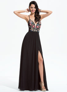 Floor-Length Sequins A-Line With Chiffon Prom Dresses Lace Areli V-neck