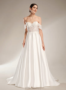 Ball-Gown/Princess Satin Dress Sweetheart Sequins Train Chapel Wedding Dresses Brooklyn Lace With Wedding