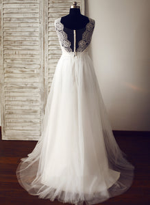 Train Wedding Dresses V-neck Sweep Wedding A-Line Kaleigh Dress Tulle