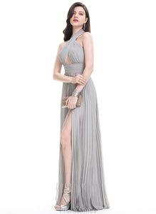 Pleated Front Split Chiffon Prom Dresses With Vivian A-Line Halter Floor-Length