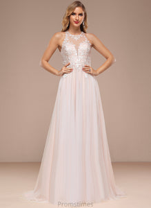 Sequins Train Tulle Sweep With Halter Dress Beading A-Line Wedding Lace Wedding Dresses Kaylah