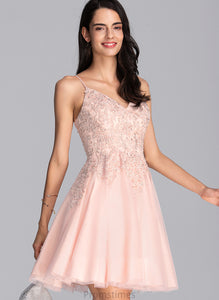 Adeline Beading With A-Line Sequins Tulle Short/Mini Prom Dresses V-neck