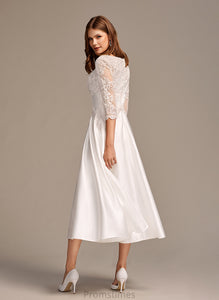 Pockets Wedding Mattie Neck A-Line Tea-Length Wedding Dresses With Dress Scoop