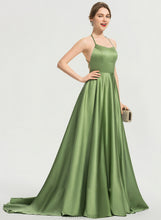 Load image into Gallery viewer, Train Front Summer Sweep Prom Dresses Satin Split A-Line Scoop With Neck