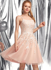 Sequins Prom Dresses Knee-Length With A-Line Tulle Square Larissa Beading Neckline