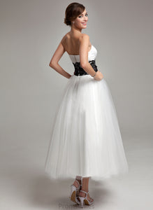 Tulle Wedding Dresses Frances Sash Satin Beading Ball-Gown/Princess Tea-Length Strapless Wedding Lace Bow(s) Dress With