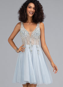 Beading A-Line Short/Mini Janiyah With Tulle Prom Dresses V-neck