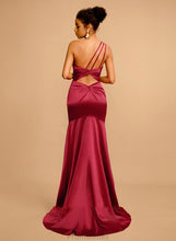 Load image into Gallery viewer, With Emery Sheath/Column Sweep Satin Split One-Shoulder Prom Dresses Front Pleated Train