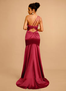 With Emery Sheath/Column Sweep Satin Split One-Shoulder Prom Dresses Front Pleated Train