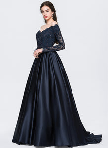 With Sweep Off-the-Shoulder Train Prom Dresses Ball-Gown/Princess Kiana Beading Satin