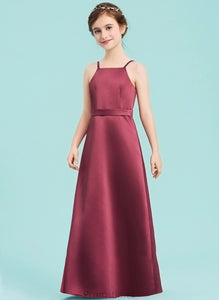 A-Line Satin Jenna Bow(s) Neckline Floor-Length Junior Bridesmaid Dresses With Square