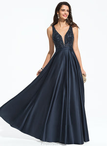 V-neck Beading Isabell Satin A-Line With Sequins Floor-Length Prom Dresses