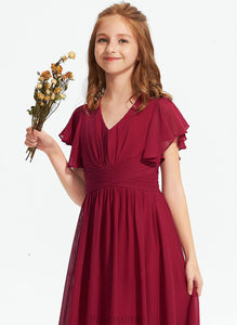 A-Line Junior Bridesmaid Dresses Chiffon V-neck Floor-Length With Kali Ruffle