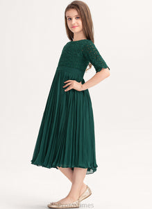 Lace Pleated With Chiffon Malia A-Line Junior Bridesmaid Dresses Scoop Neck Tea-Length