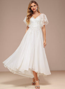 Dress Lace Ruffle A-Line Tulle Wedding Dresses Chasity With V-neck Wedding Asymmetrical