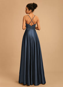 Martha Floor-Length Satin Prom Dresses A-Line V-neck