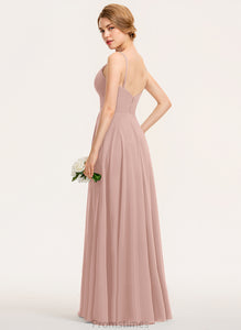 V-neck Ruffle Chiffon Prom Dresses A-Line Amber Floor-Length With