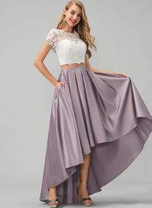 Scoop Meredith Asymmetrical Prom Dresses Neck With Pockets A-Line Satin Lace