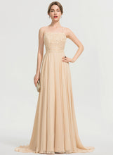 Load image into Gallery viewer, Chiffon Prom Dresses Train Neckline Sweep Mia A-Line With Square Sequins Beading