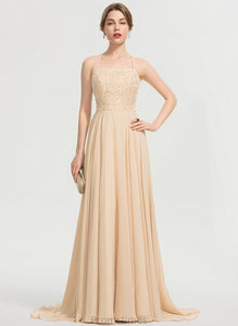 Chiffon Prom Dresses Train Neckline Sweep Mia A-Line With Square Sequins Beading