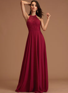 Floor-Length Chiffon Poll Scoop Neck With Lace Prom Dresses A-Line