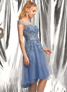 Tulle Neck Asymmetrical A-Line Prom Dresses Scoop With Kendall Sequins