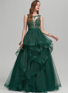 Lace Tulle Avery Prom Dresses Floor-Length With Ball-Gown/Princess Ruffle Scoop Neck