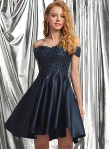 Satin Prom Dresses Off-the-Shoulder Short/Mini With Aliyah A-Line Lace Sequins