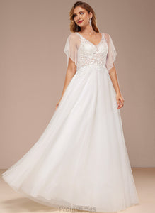 With Sequins Wedding Dresses V-neck Floor-Length Wedding Ruffle Lace Baylee A-Line Dress Tulle