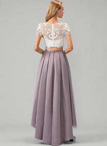 Scoop Meredith Asymmetrical Prom Dresses Neck With Pockets A-Line Satin Lace