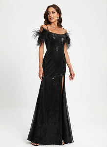 Scoop Sheath/Column Floor-Length Sequins Sequined Aubrie With Prom Dresses Feather Neck