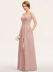 V-neck Ruffle Chiffon Prom Dresses A-Line Amber Floor-Length With