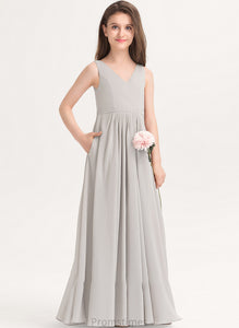 Ashlynn Pockets With Chiffon V-neck Junior Bridesmaid Dresses Floor-Length A-Line