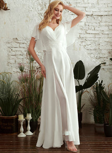 Split A-Line Floor-Length Lace With Wedding Dresses Front Dress Arely Wedding V-neck