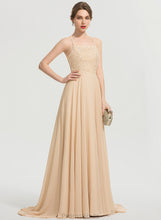 Load image into Gallery viewer, Chiffon Prom Dresses Train Neckline Sweep Mia A-Line With Square Sequins Beading