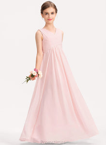 With A-Line Ruffle Junior Bridesmaid Dresses Floor-Length Sahna V-neck Chiffon