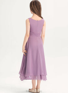 A-Line Ruffle With Junior Bridesmaid Dresses Ryan Tea-Length Chiffon Neck Scoop