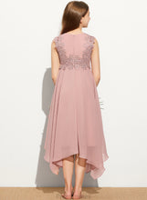 Load image into Gallery viewer, Lace A-Line Tea-Length Dahlia Scoop Neck Chiffon Junior Bridesmaid Dresses