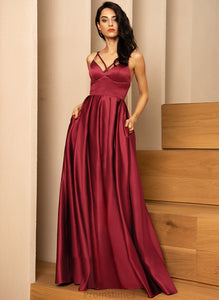 A-Line Pockets Satin Jayla V-neck Prom Dresses With Split Floor-Length Front