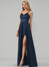 Load image into Gallery viewer, Front Split With Ruffles Satin Prom Dresses A-Line Cascading Floor-Length Evelyn V-neck