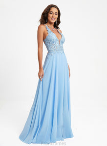 With A-Line Lace Floor-Length Chiffon Lydia V-neck Prom Dresses