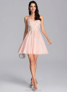 Adeline Beading With A-Line Sequins Tulle Short/Mini Prom Dresses V-neck